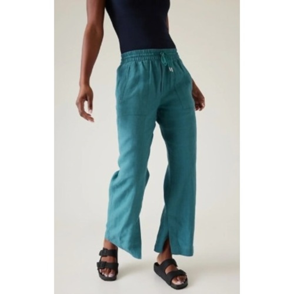 Athleta Retreat Linen High Rise Wide Leg Pants Teal Borealis Blue Green Size 8